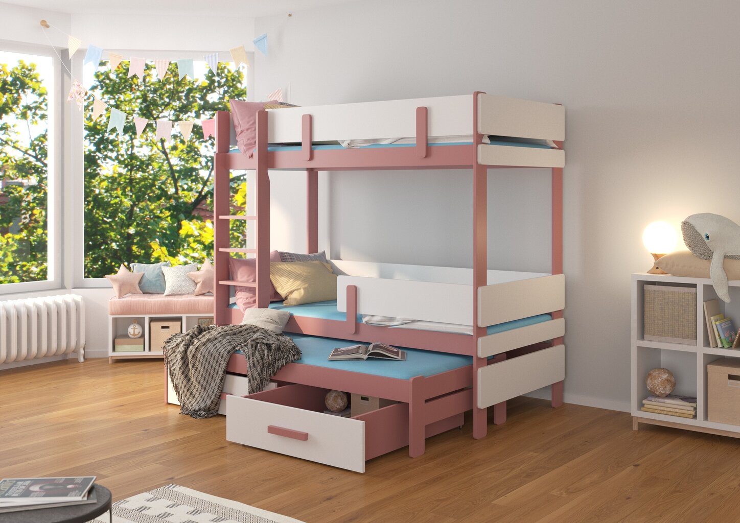 Dviaukštė lova ADRK Furniture Etapo 90x200cm, rožinė/balta kaina ir informacija | Vaikiškos lovos | pigu.lt