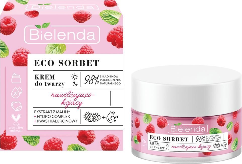 Drėkinantis ir raminantis veido kremas su hialuronu ir aviečių ekstraktu Bielenda Eco Sorbet, 50 ml kaina ir informacija | Veido kremai | pigu.lt