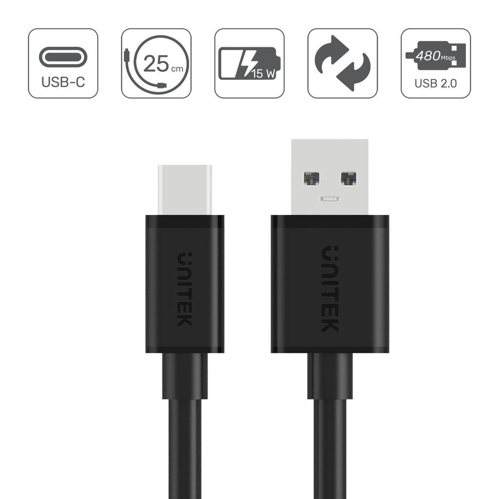 Unitek Y-C480BK, USB-A /USB-C, 25 cm цена и информация | Kabeliai ir laidai | pigu.lt