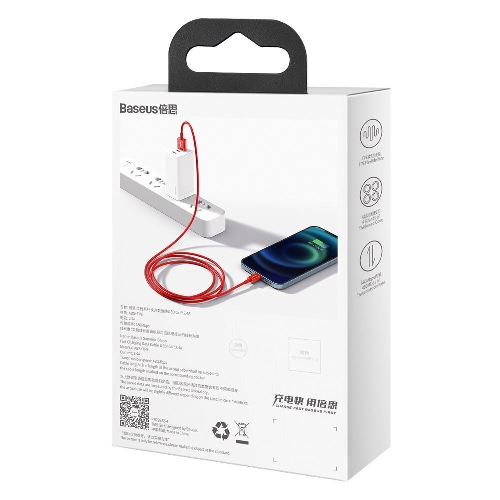 Kabelis Baseus Superior USB - Lightning, 2,4 A 1 m, raudonas (CALYS-A09) цена и информация | Laidai telefonams | pigu.lt