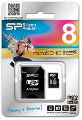 Накопитель Silicon Power microSDHC 8GB Class10 + SD адаптер цена и информация | Карты памяти для телефонов | pigu.lt