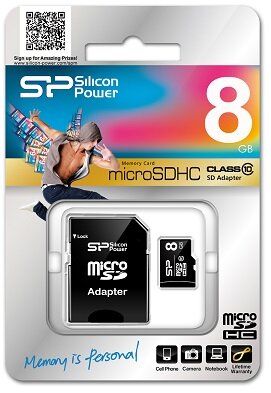 Карта памяти для телефона Накопитель Silicon Power microSDHC 8GB Class10 +  SD адаптер цена | pigu.lt