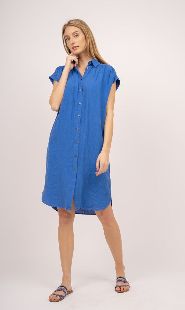Lininė marškinių tipo suknelė su dirželiu moterims, mėlyna цена и информация | Suknelės | pigu.lt