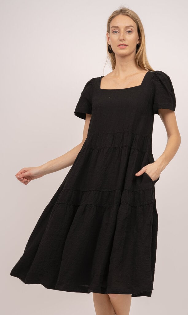 Lininė suknelė su rauktais volanais ir pūstomis rankovėmis moterims, juoda kaina ir informacija | Suknelės | pigu.lt
