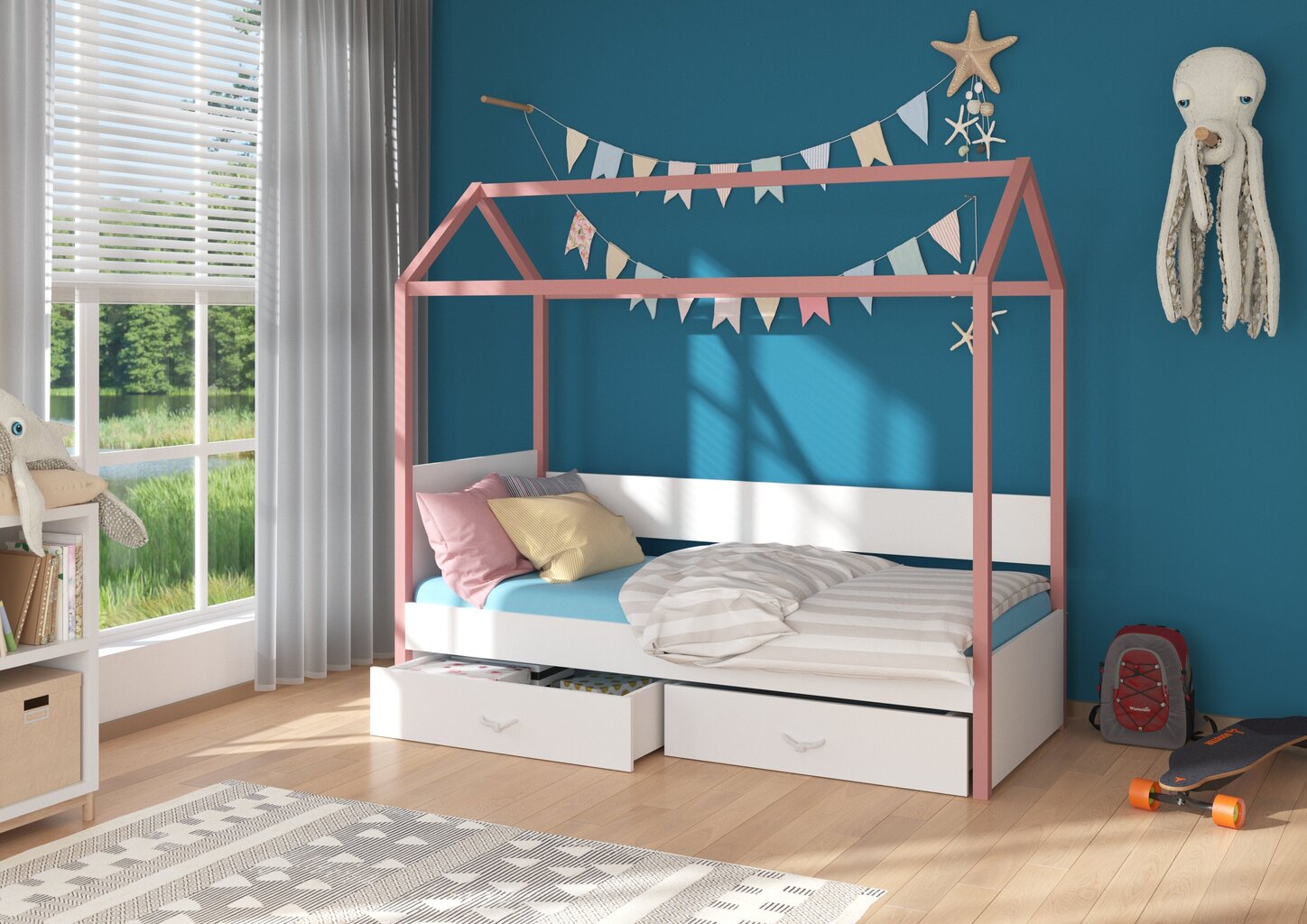 Lova ADRK Furniture Otello 90x200 cm, balta/rožinė kaina ir informacija | Vaikiškos lovos | pigu.lt
