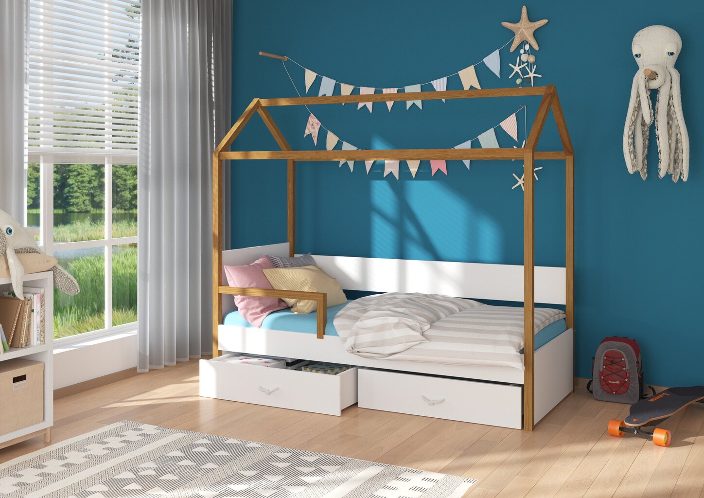 Lova ADRK Furniture Otello 90x200 cm su šonine apsauga, balta/ruda цена и информация | Vaikiškos lovos | pigu.lt