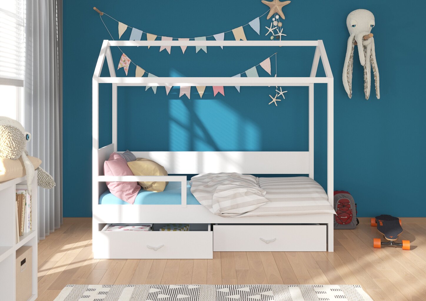 Lova ADRK Furniture Otello 90x200 cm su šonine apsauga, balta/rožinė kaina ir informacija | Vaikiškos lovos | pigu.lt
