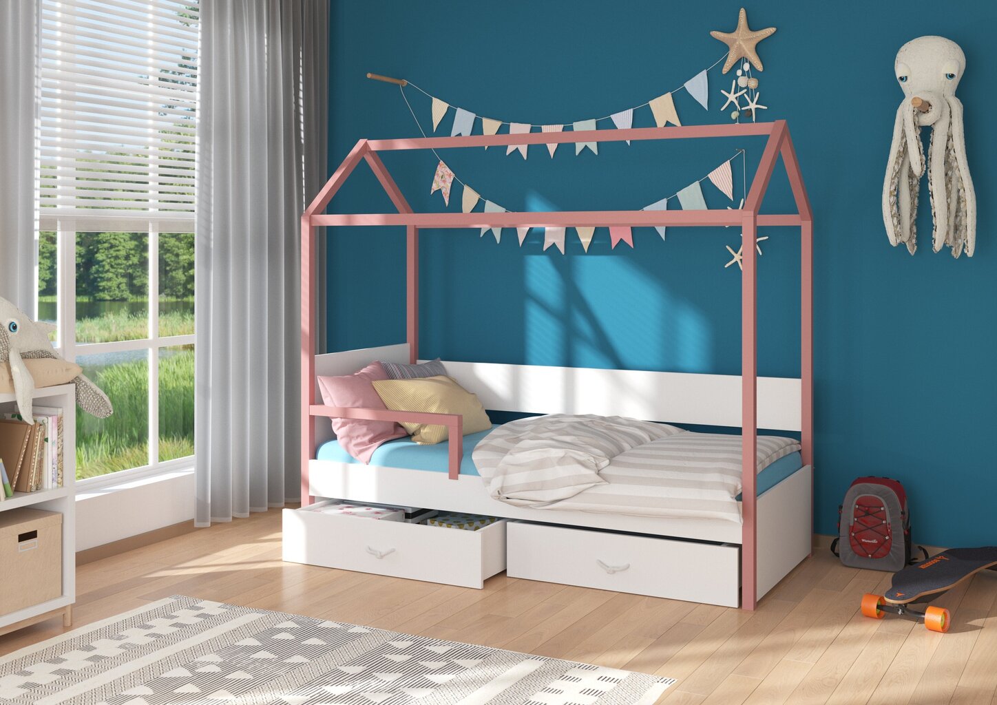 Lova ADRK Furniture Otello 90x200 cm su šonine apsauga, balta/rožinė kaina ir informacija | Vaikiškos lovos | pigu.lt