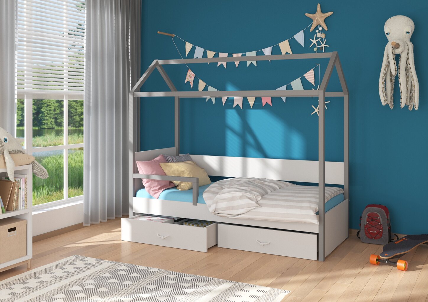 Lova ADRK Furniture Otello 90x200 cm su šonine apsauga, pilka kaina ir informacija | Vaikiškos lovos | pigu.lt