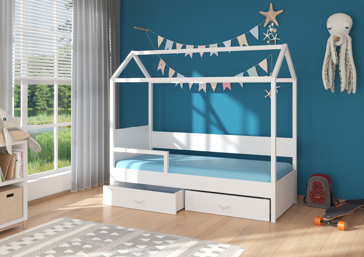 Lova ADRK Furniture Otello 80x180 cm su šonine apsauga ir baldakimu, balta/mėlyna kaina ir informacija | Vaikiškos lovos | pigu.lt
