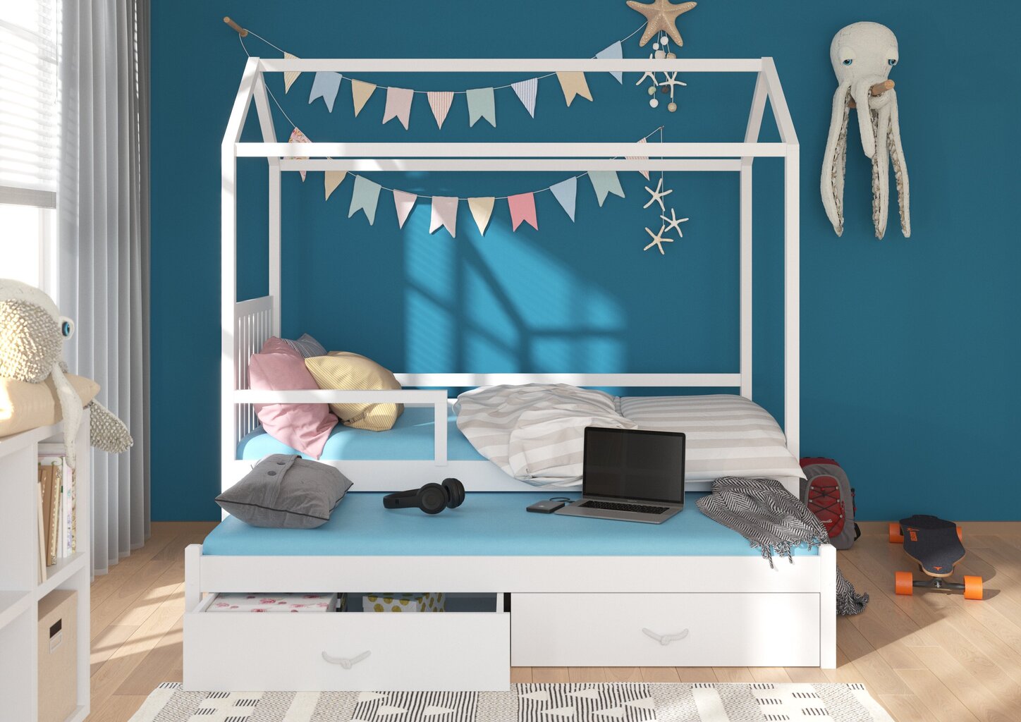 Lova ADRK Furniture Jonasek su šonine apsauga 90x200cm, balta su rožiniu baldakimu kaina ir informacija | Vaikiškos lovos | pigu.lt
