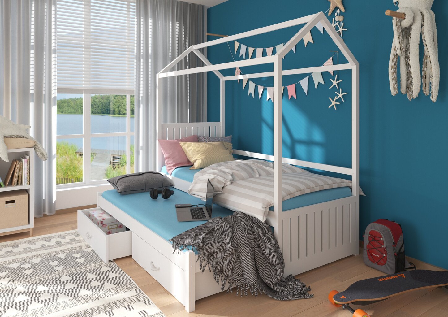Lova ADRK Furniture Jonasek 80x180cm, balta su rožiniu baldakimu цена и информация | Vaikiškos lovos | pigu.lt
