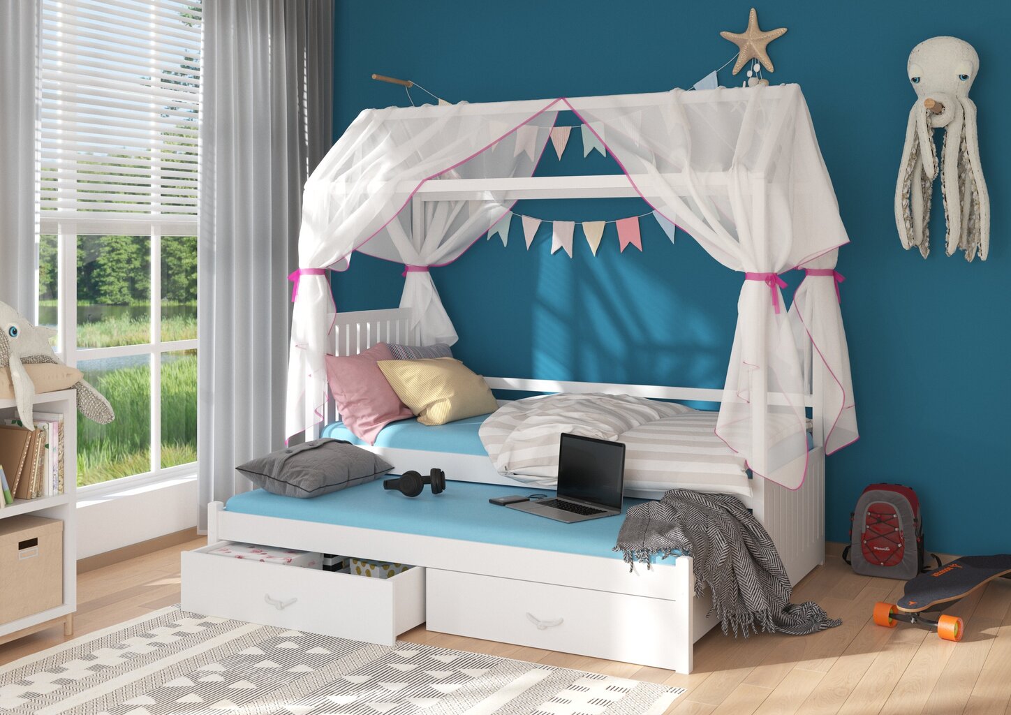 Lova ADRK Furniture Jonasek 80x180cm, balta su rožiniu baldakimu цена и информация | Vaikiškos lovos | pigu.lt