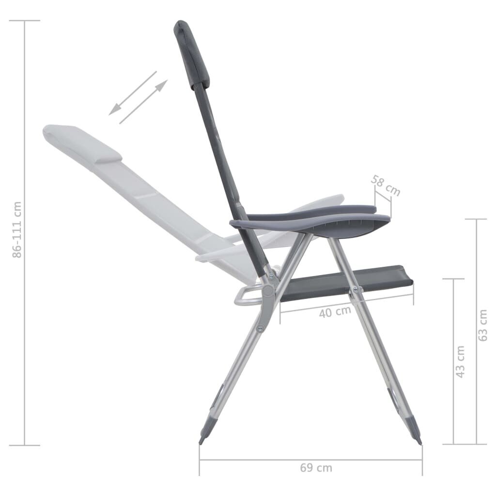 vidaXL Kempingo kėdės, 2 vnt., pilkos, 58x69x111cm, aliuminis kaina ir informacija | Turistiniai baldai | pigu.lt