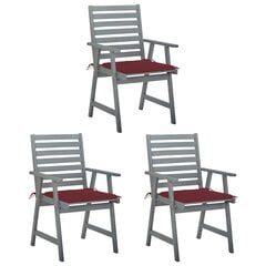 vidaXL Lauko valgomojo kėdės su pagalvėlėmis, 3vnt., akacijos masyvas kaina ir informacija | Lauko kėdės, foteliai, pufai | pigu.lt