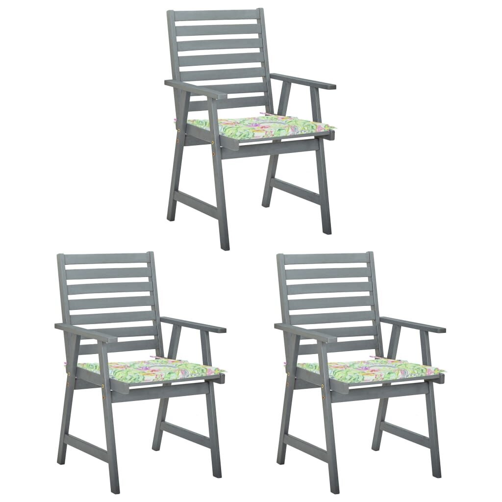 vidaXL Lauko valgomojo kėdės su pagalvėlėmis, 3vnt., akacijos masyvas kaina ir informacija | Lauko kėdės, foteliai, pufai | pigu.lt