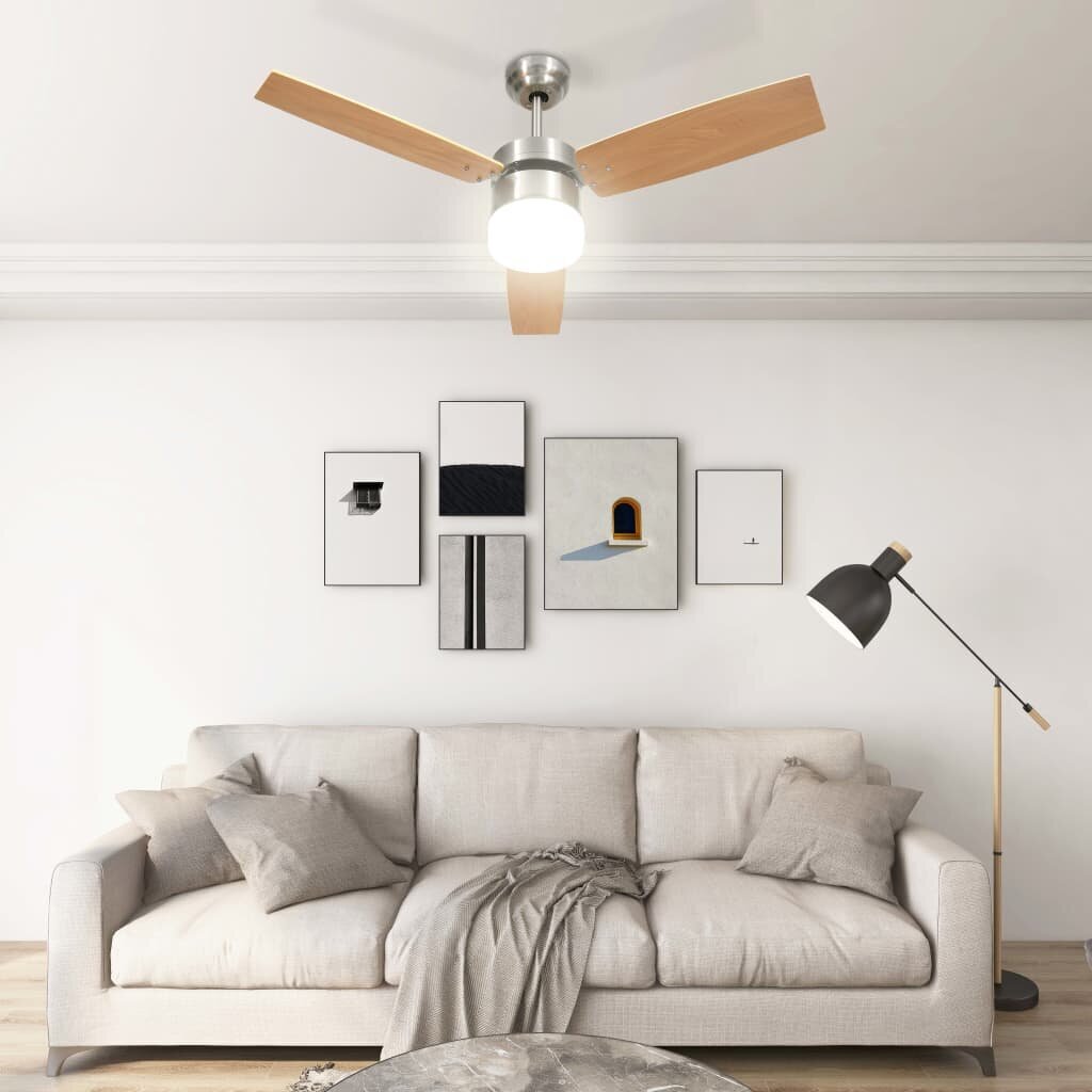 Lubų ventiliatorius su apšvietimu ir pulteliu, rudas, 108cm kaina ir informacija | Ventiliatoriai | pigu.lt