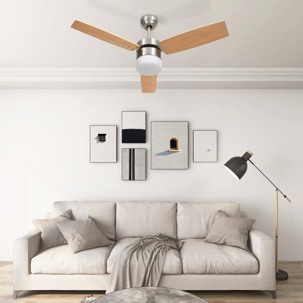 Lubų ventiliatorius su apšvietimu ir pulteliu, rudas, 108cm цена и информация | Ventiliatoriai | pigu.lt