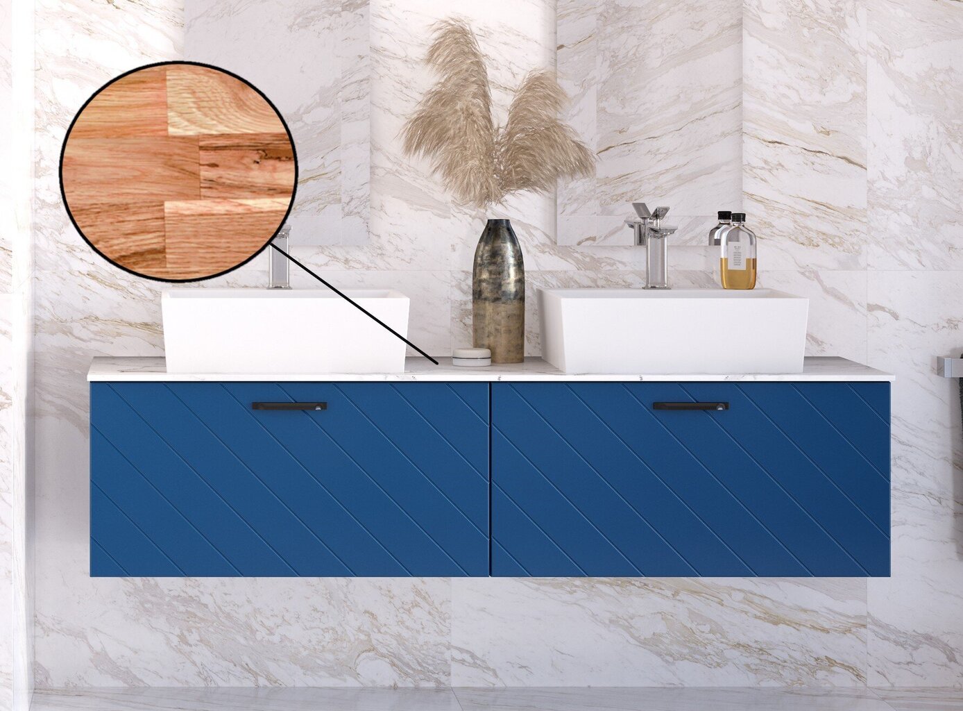 Dviguba vonios spintelė Besco Floo 160 su Oak stalviršiu, mėlyna/juoda kaina ir informacija | Vonios spintelės | pigu.lt