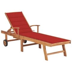 Saulės gultas su raudonu čiužiniu, tikmedžio medienos masyvas цена и информация | Шезлонги | pigu.lt