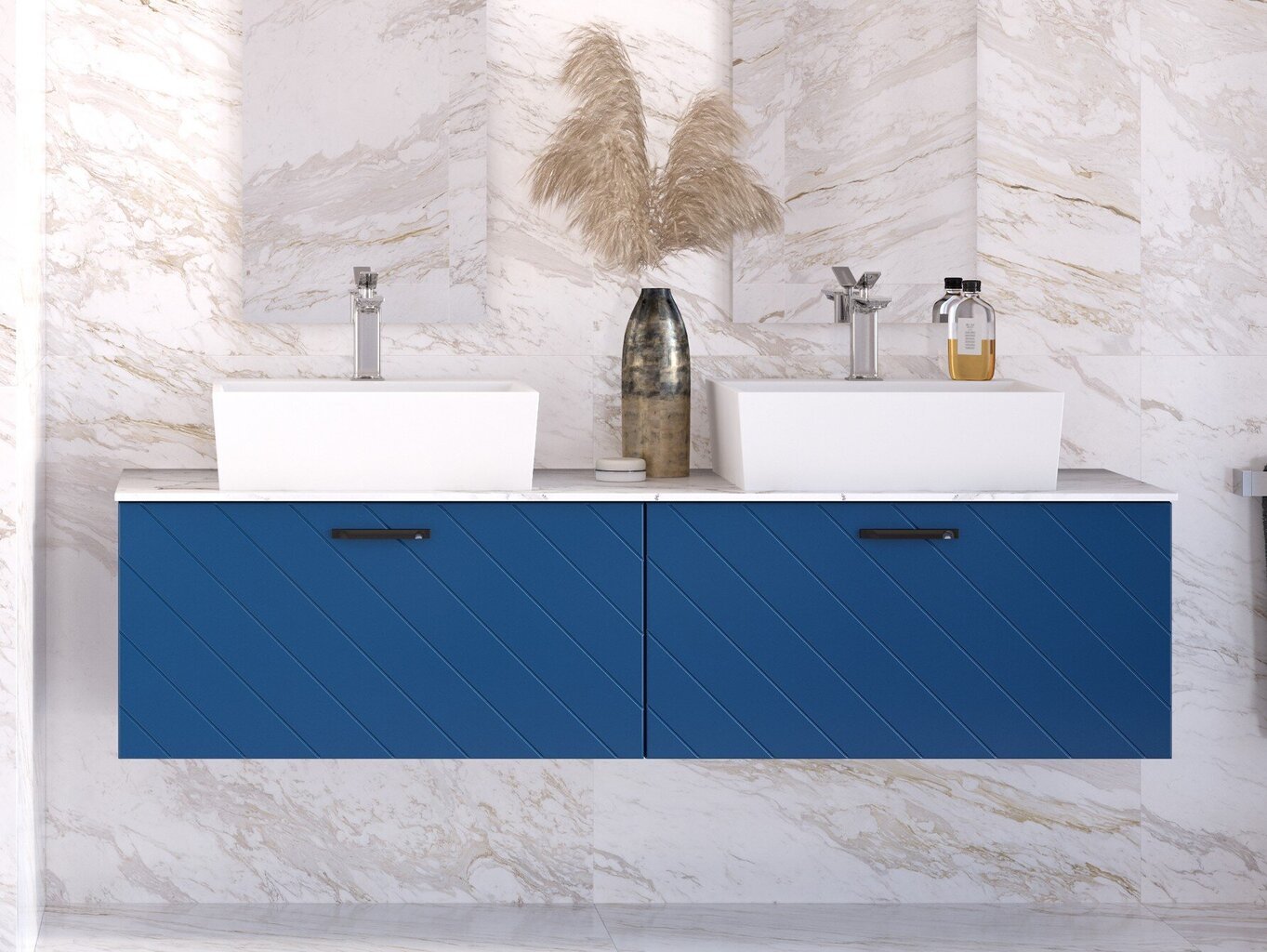 Vonios spintelė Besco Floo 80 su Slim marble stalviršiu, mėlyna/auksinė kaina ir informacija | Vonios spintelės | pigu.lt