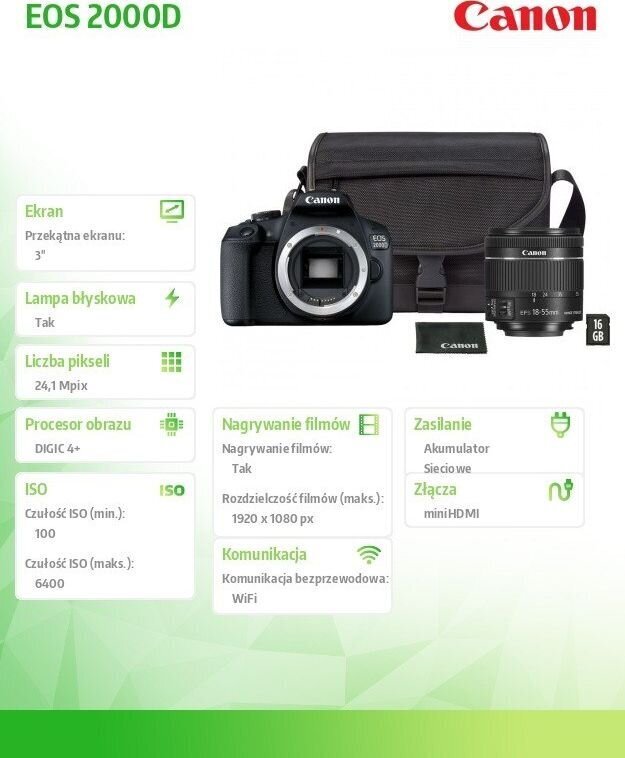 Canon EOS 2000D цена и информация | Skaitmeniniai fotoaparatai | pigu.lt