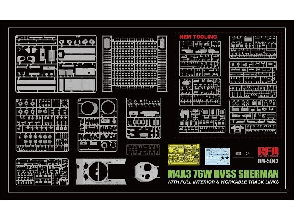 Konstruktorius Rye Field Model - M4A3 76W HVSS Sherman With full interior and workable track links, 1/35, RFM-5042 цена и информация | Konstruktoriai ir kaladėlės | pigu.lt