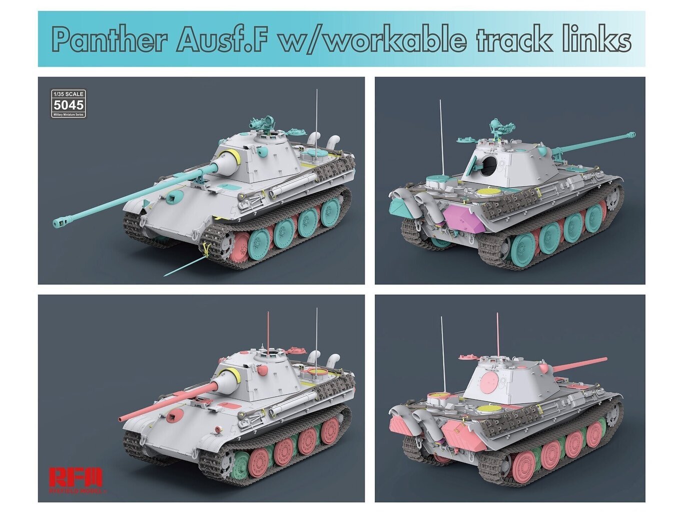 Konstruktorius Rye Field Model - German Medium Tank Sd.Kfz.171 Panther Ausf. F w/ workable track, Kw.K L/70 & Kw.K L/100, 1/35, RFM-5045, 8 m.+ kaina ir informacija | Konstruktoriai ir kaladėlės | pigu.lt