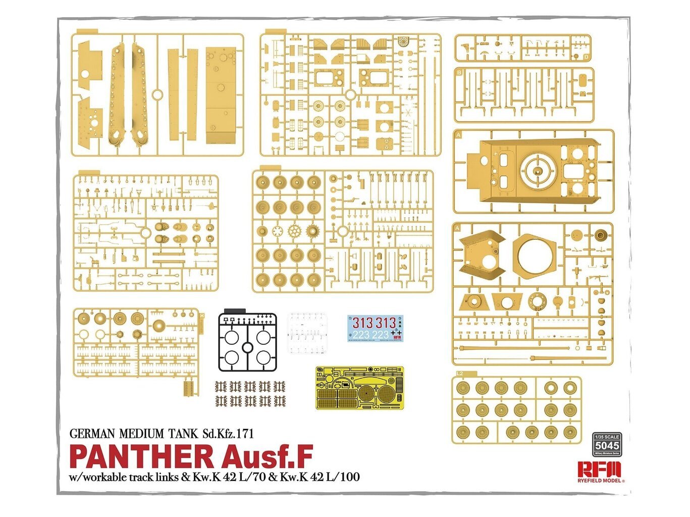 Konstruktorius Rye Field Model - German Medium Tank Sd.Kfz.171 Panther Ausf. F w/ workable track, Kw.K L/70 & Kw.K L/100, 1/35, RFM-5045, 8 m.+ kaina ir informacija | Konstruktoriai ir kaladėlės | pigu.lt