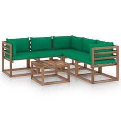 vidaXL Sodo komplektas su žaliomis pagalvėlėmis, 6 dalių, pušis kaina ir informacija | Lauko baldų komplektai | pigu.lt