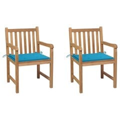vidaXL Sodo kėdės su mėlynomis pagalvėlėmis, 2vnt., tikmedžio masyvas kaina ir informacija | Lauko kėdės, foteliai, pufai | pigu.lt