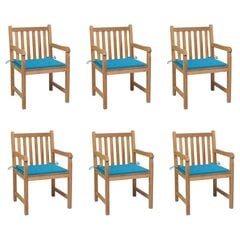 vidaXL Sodo kėdės su mėlynomis pagalvėlėmis, 6vnt., tikmedis kaina ir informacija | Lauko kėdės, foteliai, pufai | pigu.lt
