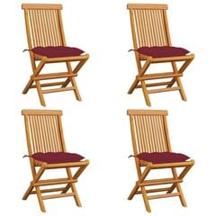 vidaXL Sodo kėdės su vyno raudonomis pagalvėmis, 4vnt., tikmedis kaina ir informacija | Lauko kėdės, foteliai, pufai | pigu.lt
