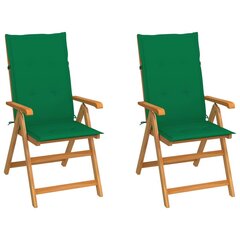 vidaXL Sodo kėdės su žaliomis pagalvėlėmis, 2vnt., tikmedžio masyvas kaina ir informacija | Lauko kėdės, foteliai, pufai | pigu.lt
