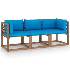 Trivietė sodo sofa iš palečių su mėlynomis pagalvėlėmis, eglė kaina ir informacija | Lauko kėdės, foteliai, pufai | pigu.lt