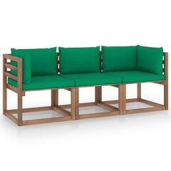 Trivietė sodo sofa iš palečių su žaliomis pagalvėlėmis, eglė kaina ir informacija | Lauko kėdės, foteliai, pufai | pigu.lt