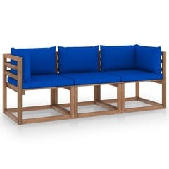 Trivietė sodo sofa iš palečių su mėlynomis pagalvėlėmis, eglė kaina ir informacija | Lauko kėdės, foteliai, pufai | pigu.lt