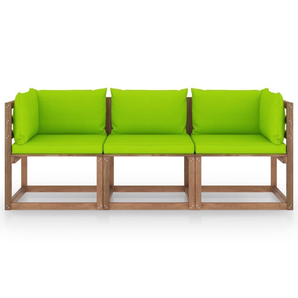 Trivietė sodo sofa iš palečių su žaliomis pagalvėlėmis, eglė цена и информация | Lauko kėdės, foteliai, pufai | pigu.lt