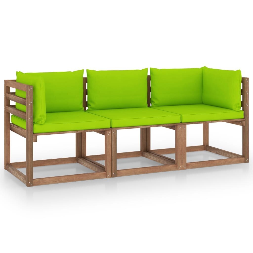 Trivietė sodo sofa iš palečių su žaliomis pagalvėlėmis, eglė цена и информация | Lauko kėdės, foteliai, pufai | pigu.lt