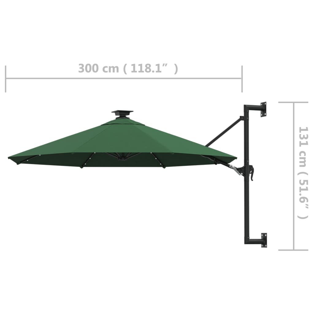 Prie sienos montuojamas skėtis su LED/stulpu, 300 cm, žalias kaina ir informacija | Skėčiai, markizės, stovai | pigu.lt