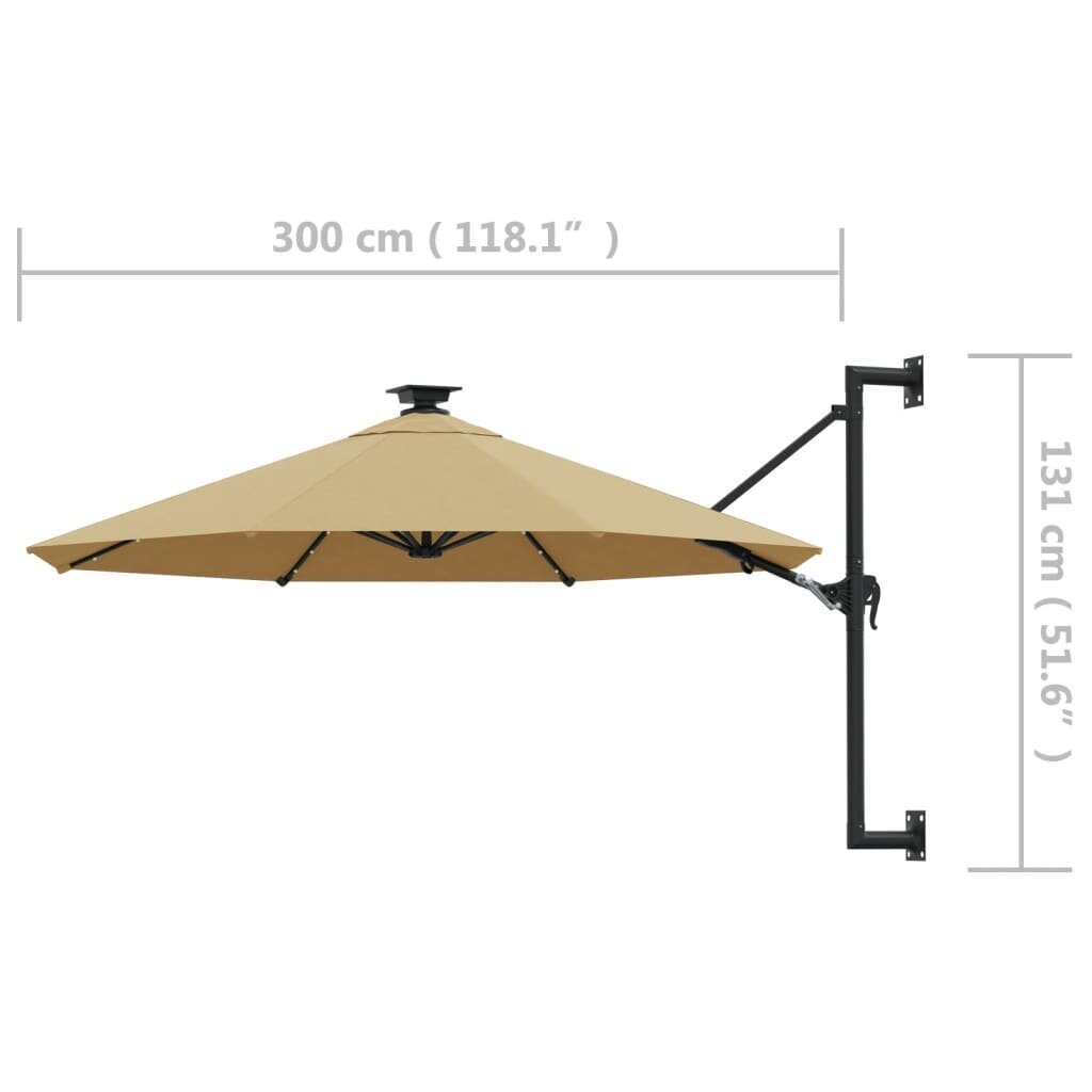 Prie sienos montuojamas skėtis su LED/stulpu, 300 cm, rudas kaina ir informacija | Skėčiai, markizės, stovai | pigu.lt