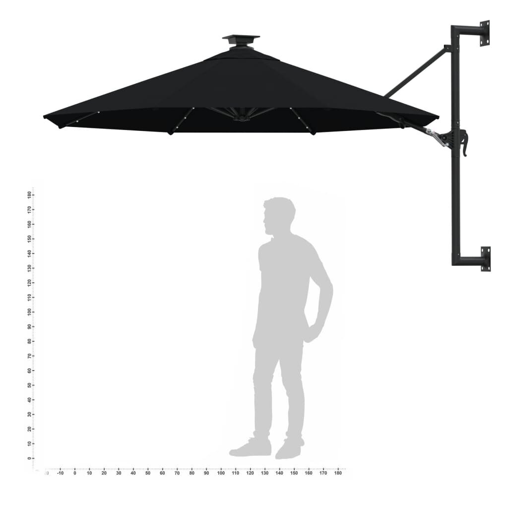 Prie sienos montuojamas skėtis su LED/stulpu, 300 cm, juodas kaina ir informacija | Skėčiai, markizės, stovai | pigu.lt
