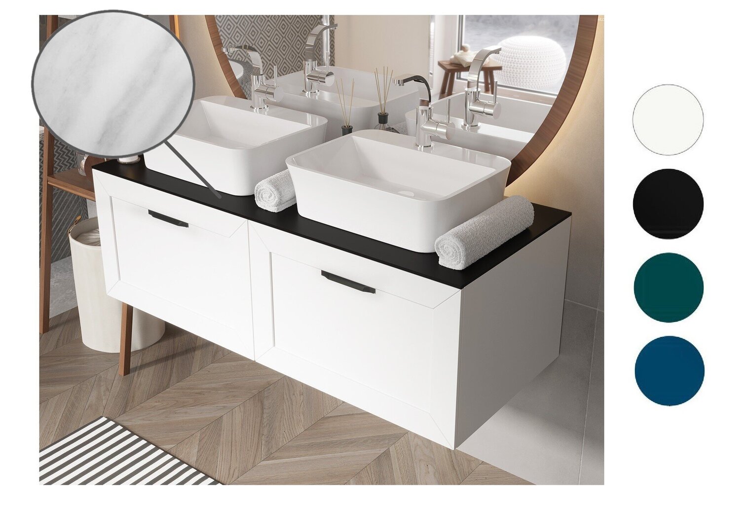 Dviguba vonios spintelė Besco Dexa 120 su Slim marble stalviršiu ir juodomis rankenomis kaina ir informacija | Vonios spintelės | pigu.lt