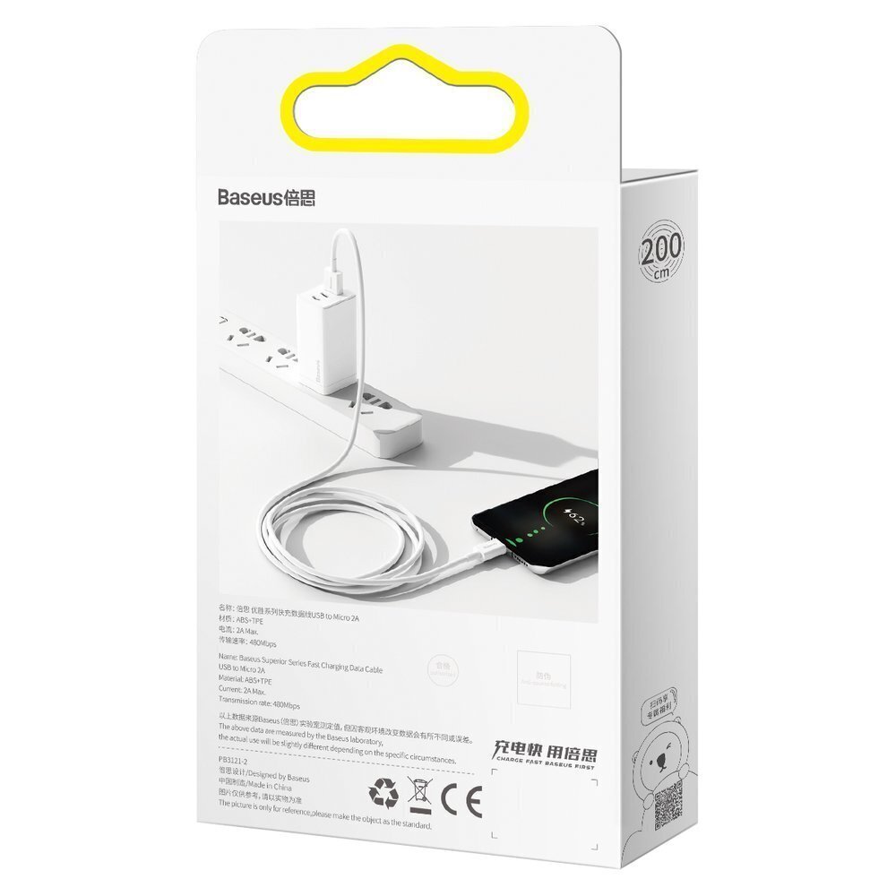 Kabelis Baseus USB - micro USB, 2m BSU2825WHT kaina ir informacija | Laidai telefonams | pigu.lt