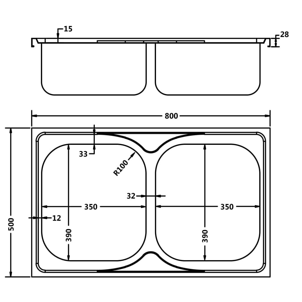 Virtuvės plautuvė su dviem dubenimis, 800x500x155mm kaina ir informacija | Virtuvinės plautuvės | pigu.lt