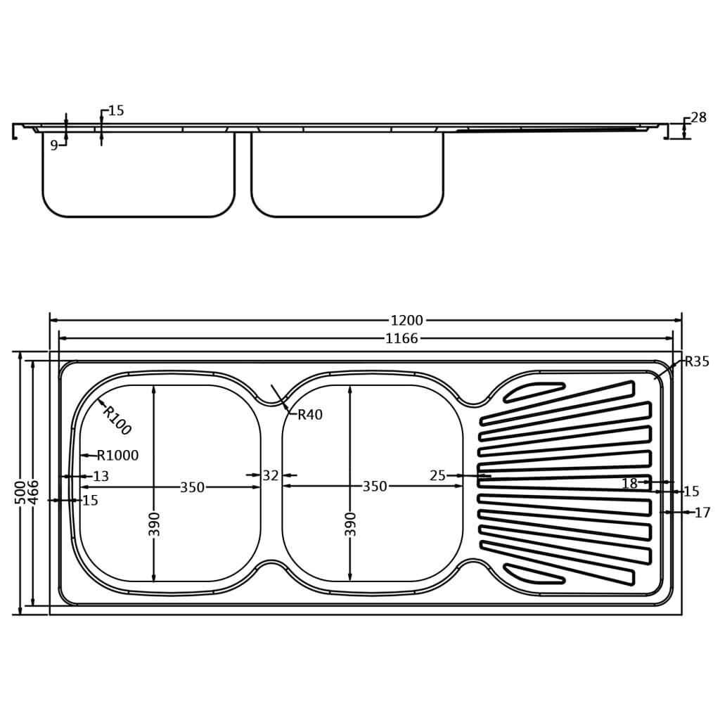 Virtuvės plautuvė su dviem dubenimis, 1200x500x155mm kaina ir informacija | Virtuvinės plautuvės | pigu.lt