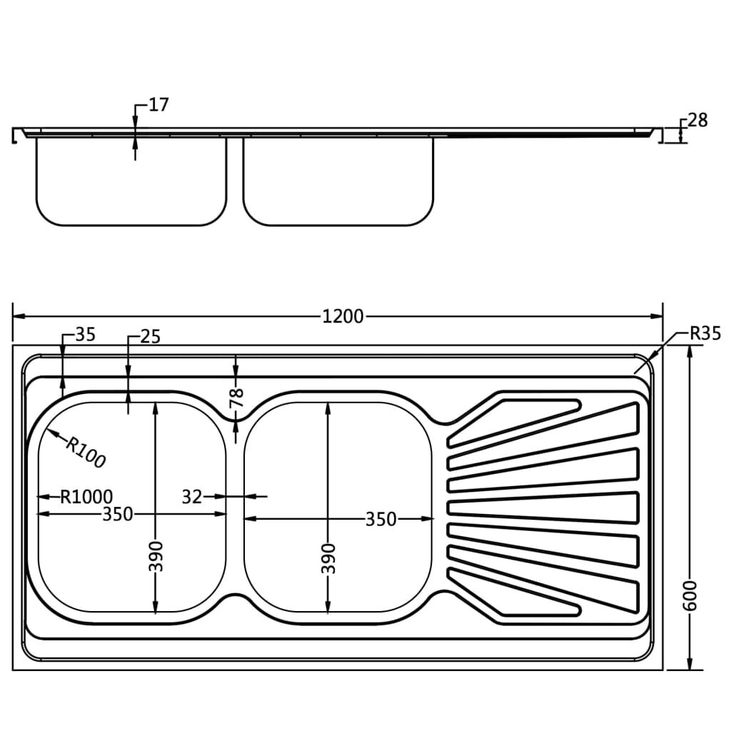 Virtuvės plautuvė su dviem dubenimis, 1200x600x155mm kaina ir informacija | Virtuvinės plautuvės | pigu.lt