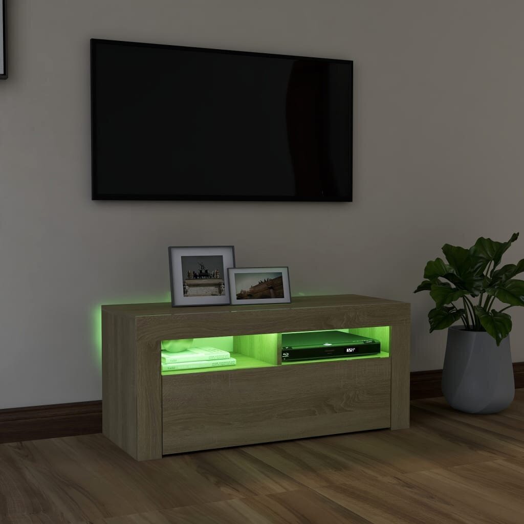 Televizoriaus spintelė su LED apšvietimu, 90x35x40 cm, ruda kaina ir informacija | TV staliukai | pigu.lt