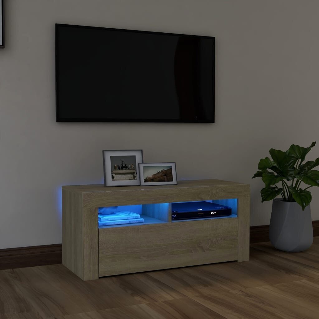 Televizoriaus spintelė su LED apšvietimu, 90x35x40 cm, ruda kaina ir informacija | TV staliukai | pigu.lt