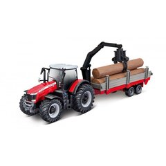 Traktorius Bburago Massey Ferguson 8740S Tractor Kids with tree forwarder kaina ir informacija | Žaislai berniukams | pigu.lt